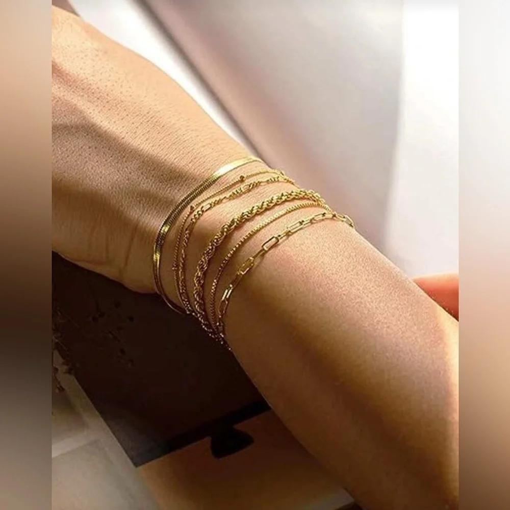 Gold Plated Stainless Steel 6PC Chain Bracelet Stack 8.5” Layered Set